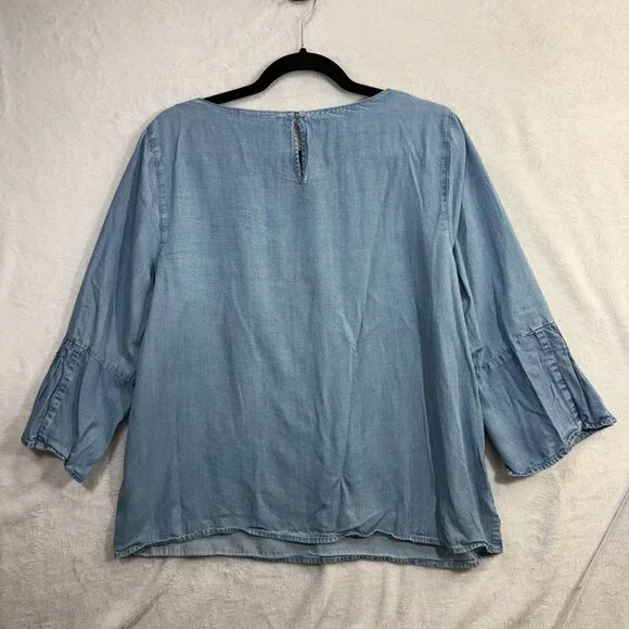 J Jill L Denim Bell Sleeve Chambray Top Lightweight Tencel Boho Minimalist - Picture 4 of 9
